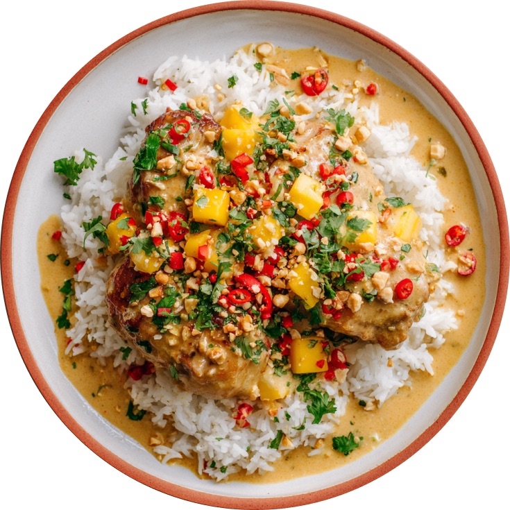Coconut Chicken Thighs with Peanut Salsa & Sticky Rice