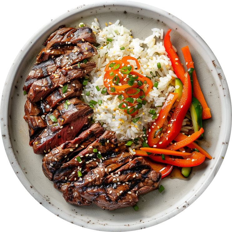 Korean-Inspired Sirloin Steak with Sesame Ginger Rice and Pickled Vegetables