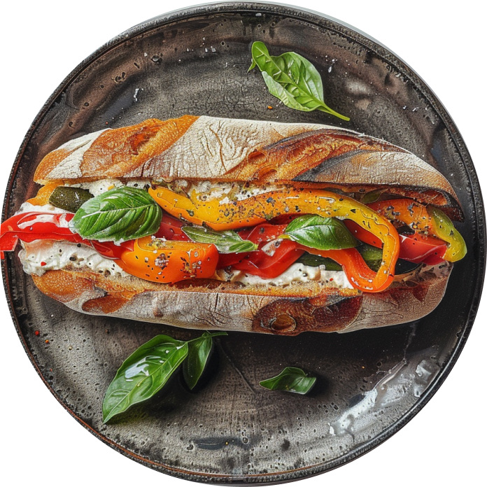 Toasted Ciabatta Sandwich with Basil Whipped Feta & Roasted Peppers