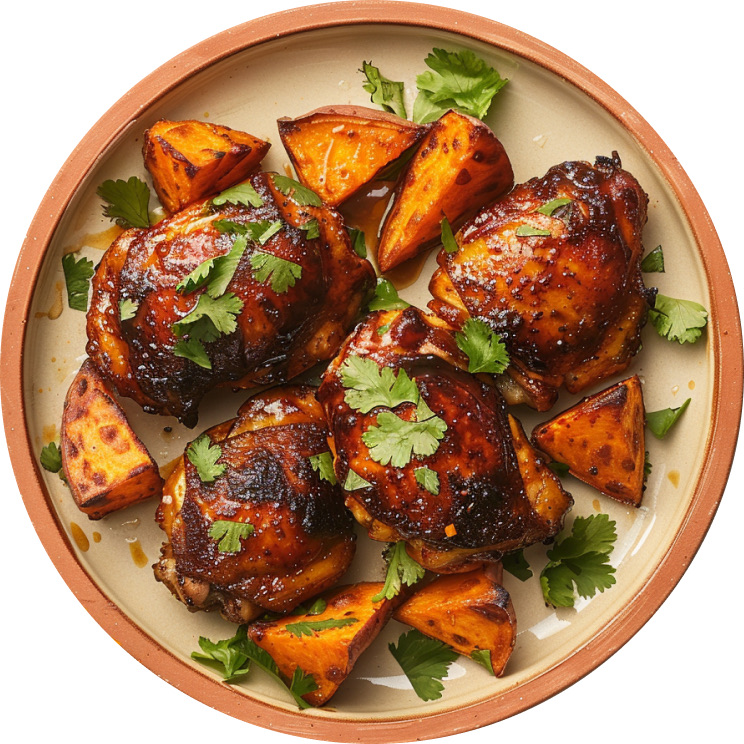 Spicy Honey Mustard Chicken Thighs with Crispy Sweet Potato Wedges