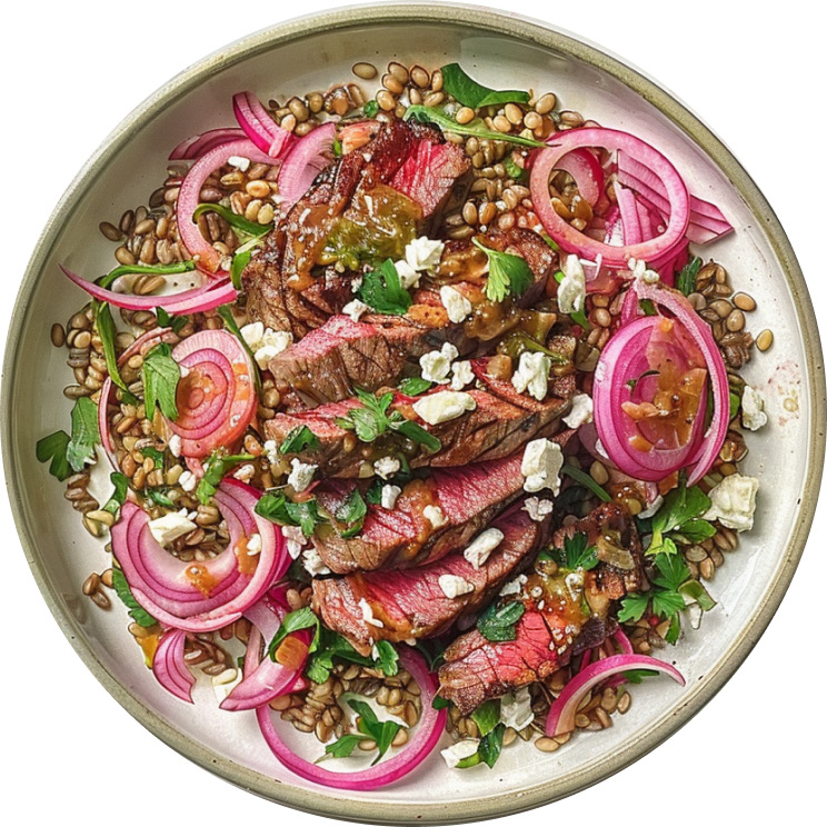 Steak and Farro Salad with Pickled Red Onions and Creamy Feta Dressing