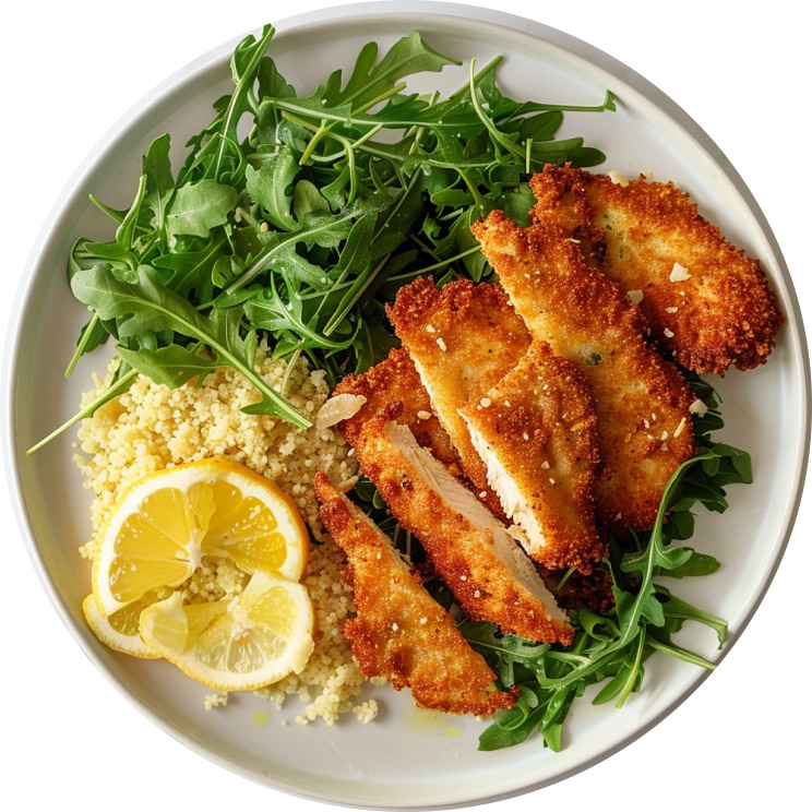 Crispy Chicken Cutlets with Lemony Arugula Salad and Parmesan Couscous