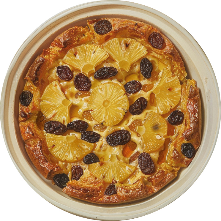 Bread Pudding with Raisins, Topped with Pineapple Slices
