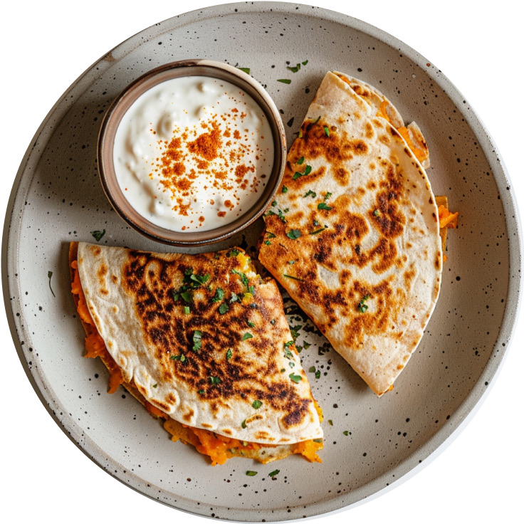 Sweet Potato Quesadilla with Lemon Yogurt and Harissa