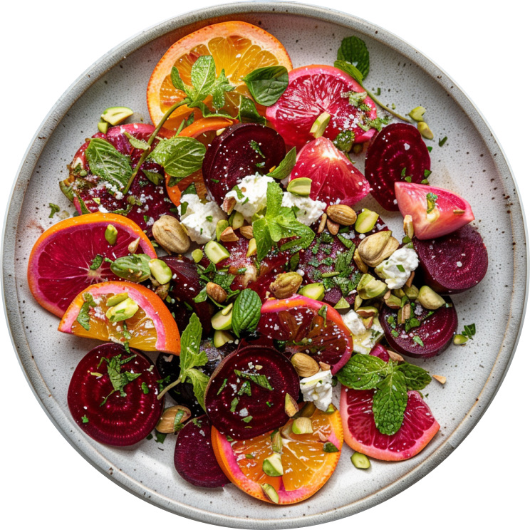 Roasted Beet and Citrus Salad with Goat Cheese and Pistachios