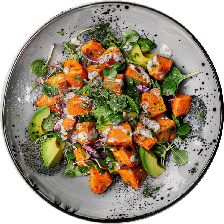Roasted Sweet Potato and Avocado Salad with Tahini Dressing
