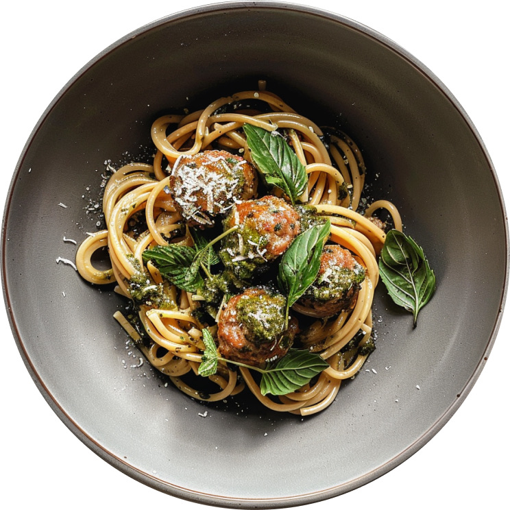 Mediterranean Lamb Meatball Pasta with Mint Pesto