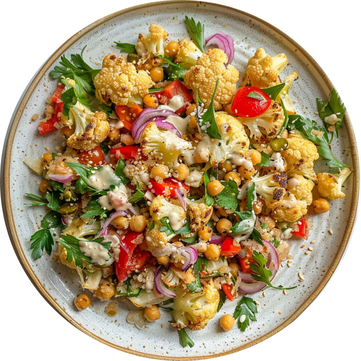 Roasted Cauliflower and Chickpea Salad with Tahini Dressing