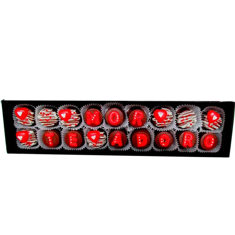 Texto en trufas de brownies, caja 30 cm por 7 cm
