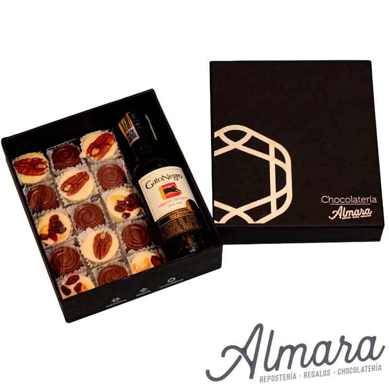 Caja de piba de vino y chocolates
