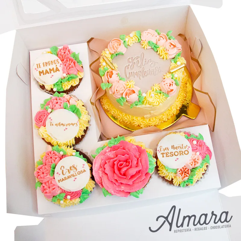 Caja Mini Torta y Cupcakes Flores