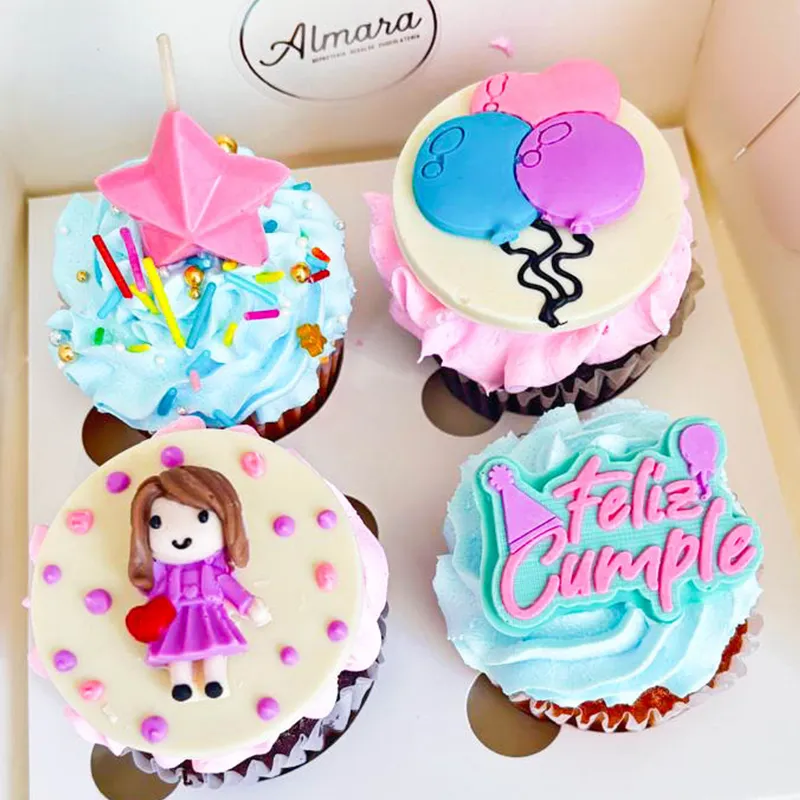 Cupcake x4 Unidades, diseño colorido Feliz Cumple

