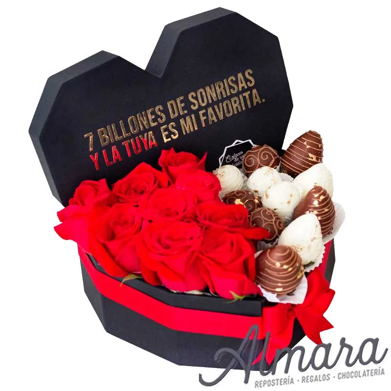 Caja corazón rosas y chocolates
