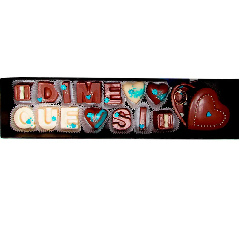 Texto en chocolate tipo leche 30 cm por 7cm Combinado DIME QUE SI

