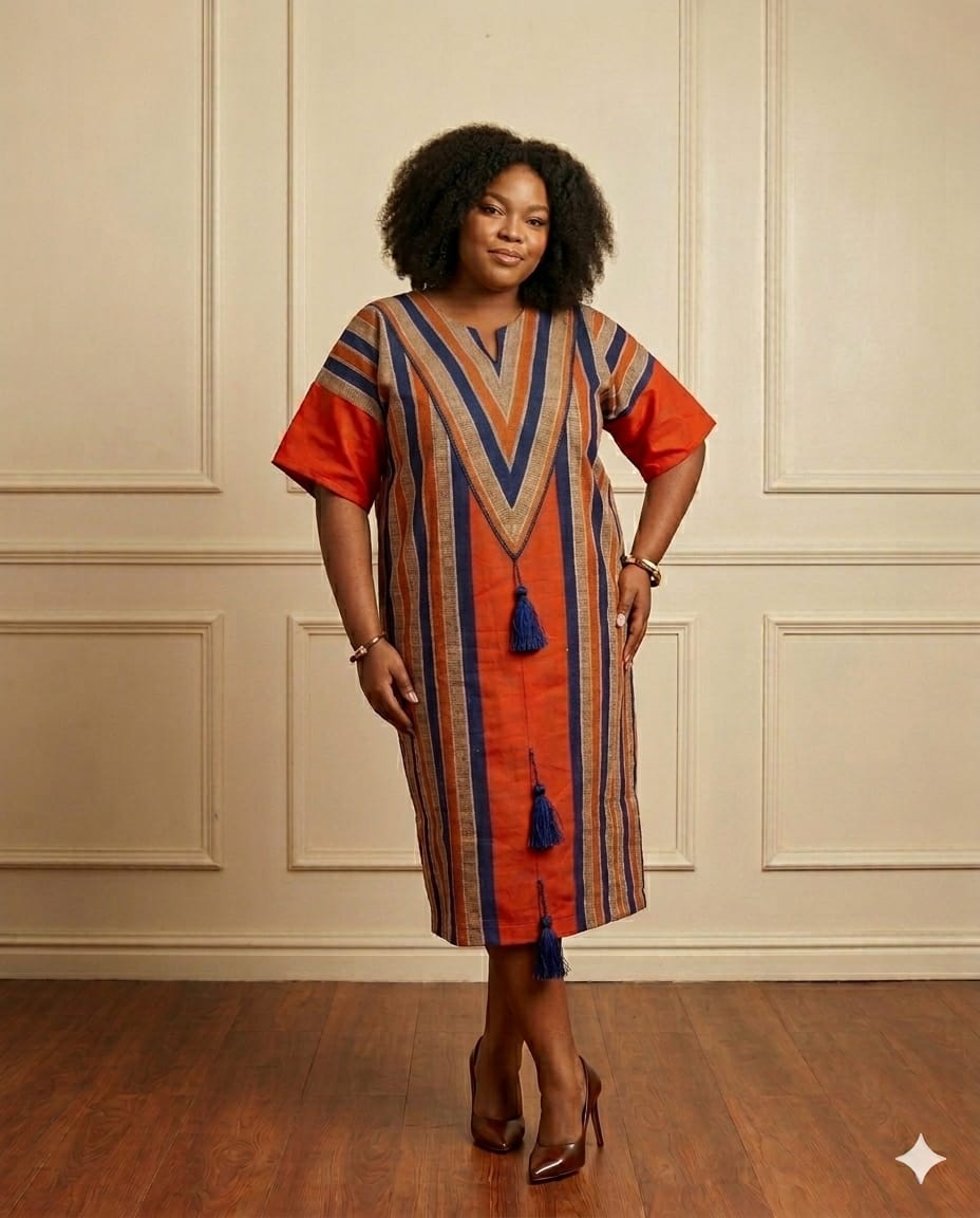 Ohemaa Aso Oke Midi Dress | Orange & Navy