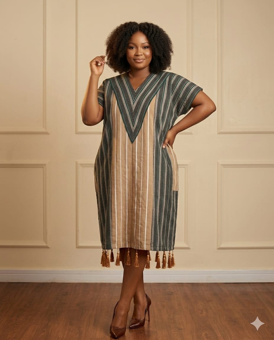 Ohemaa Aso Oke Midi Dress | Beige & Green
