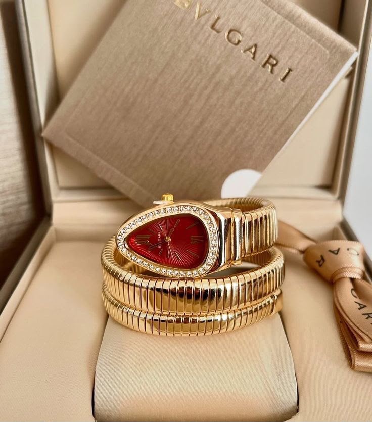 BVLGARI-Inspired Spiral Snake Watch - Gold, Red Dial