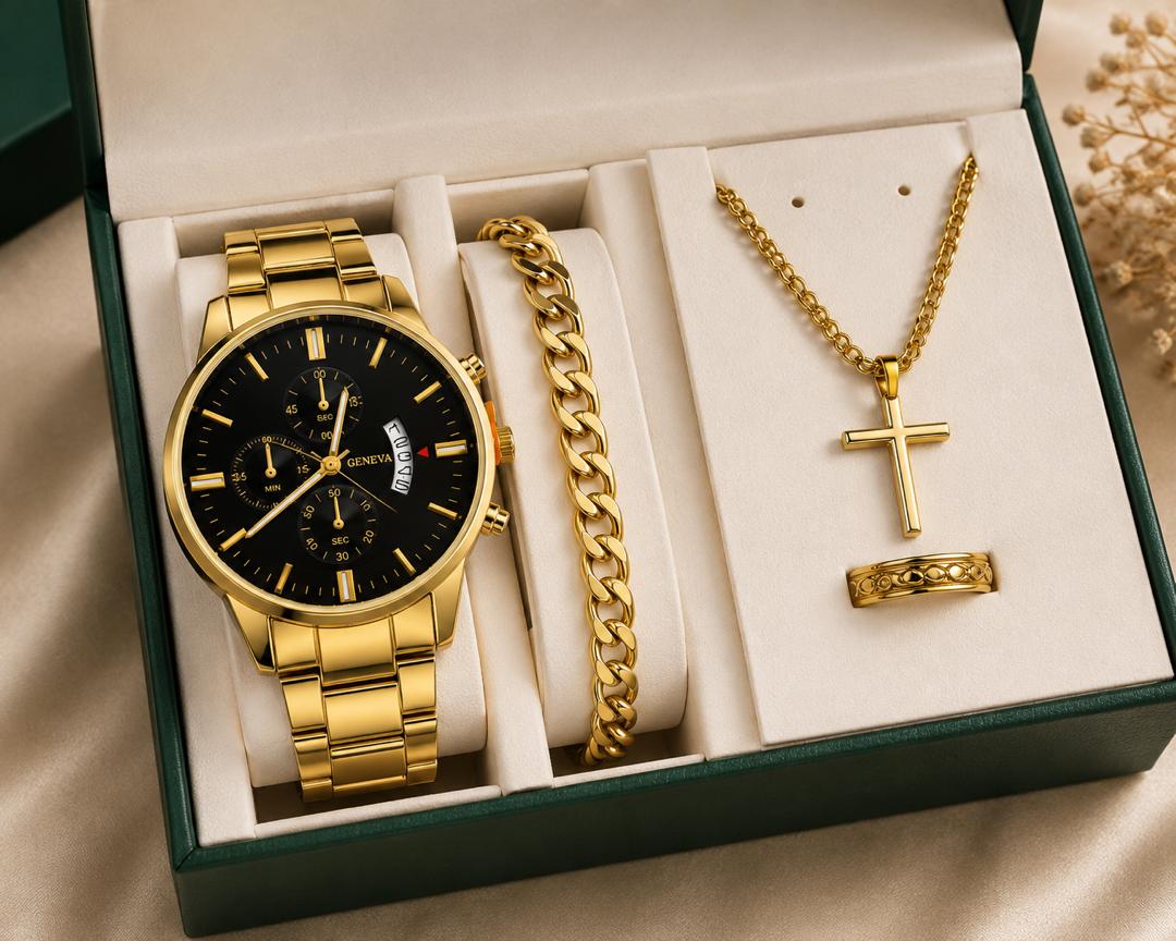Geneva Men's 4-in-1 Gift Set - Gold, Black Dial