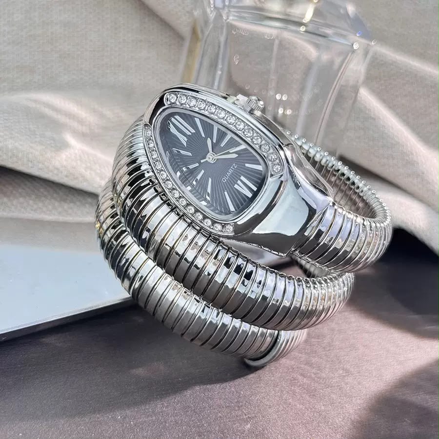 BVLGARI-Inspired Spiral Snake Watch - Silver, Black Dial