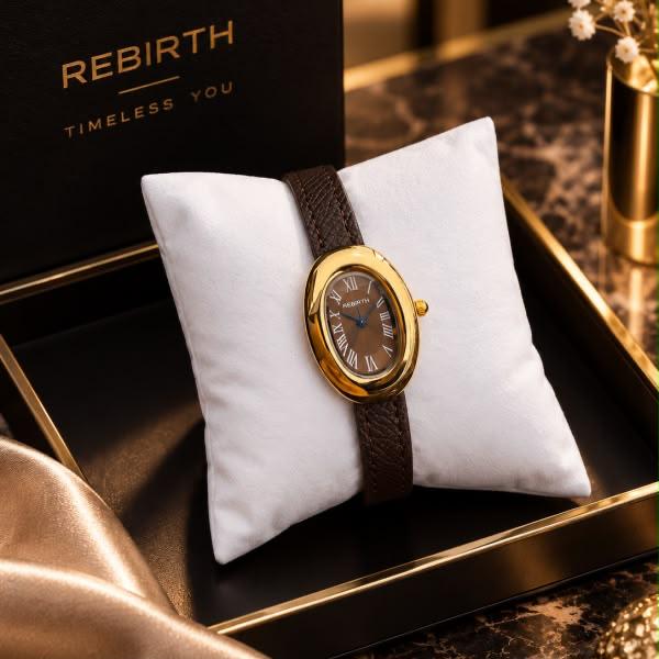 Rebirth Timeless Ladies Watch - Gold, Brown Leather Strap