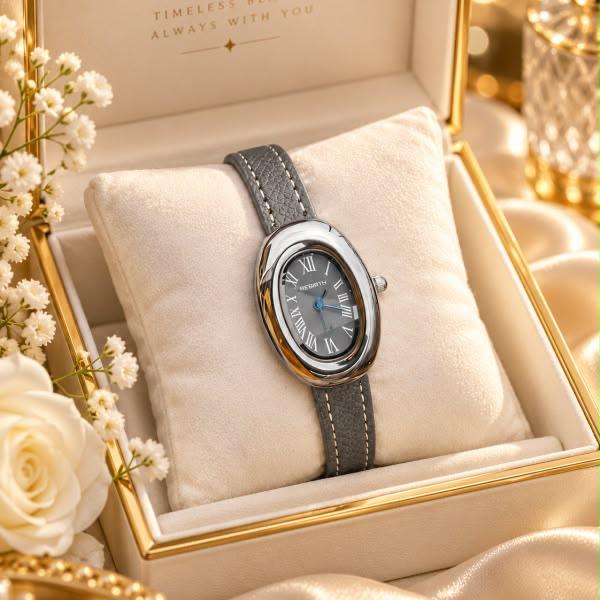 Rebirth Timeless Ladies Watch - Silver, Grey Leather Strap