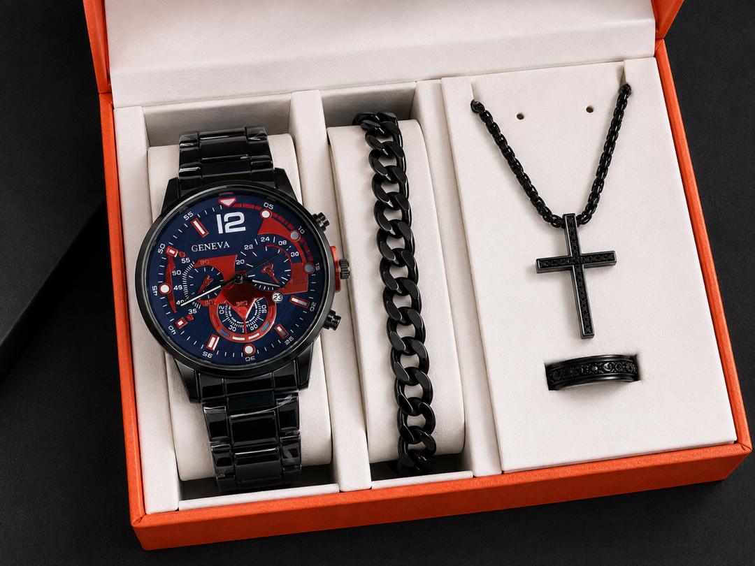 Geneva Men's 4-in-1 Gift Set - Black, Blue/Red Dial
