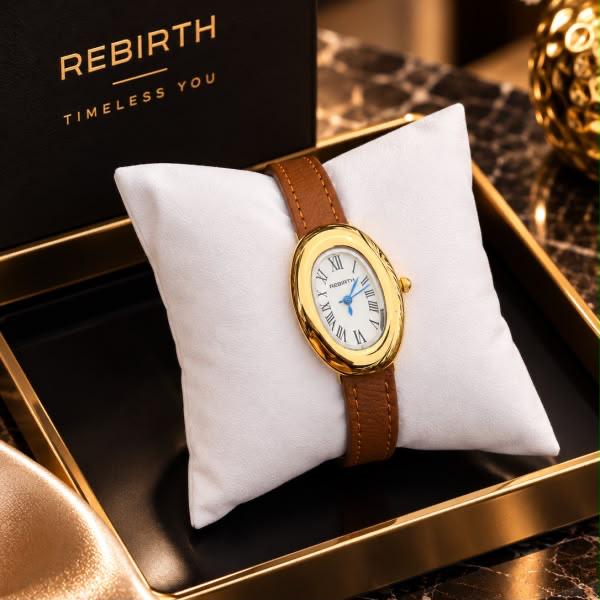 Rebirth Timeless Ladies Watch - Gold, Tan Leather Strap