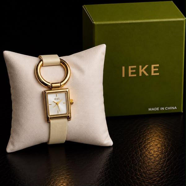 IEKE Ring-Link Watch - Gold, Cream Leather Strap, White Dial