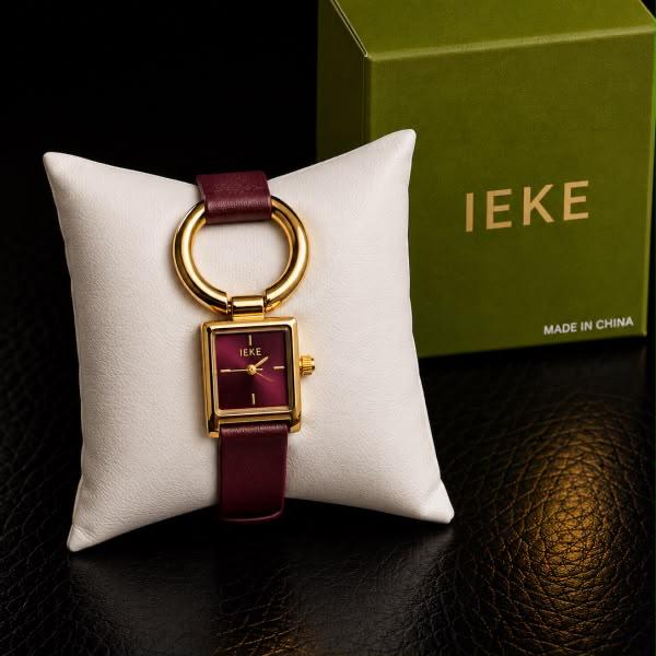 IEKE Ring-Link Watch - Gold, Burgundy Leather Strap, Burgundy Dial