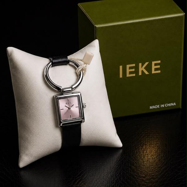 IEKE Ring-Link Watch - Silver, Black Leather Strap, Pink Dial
