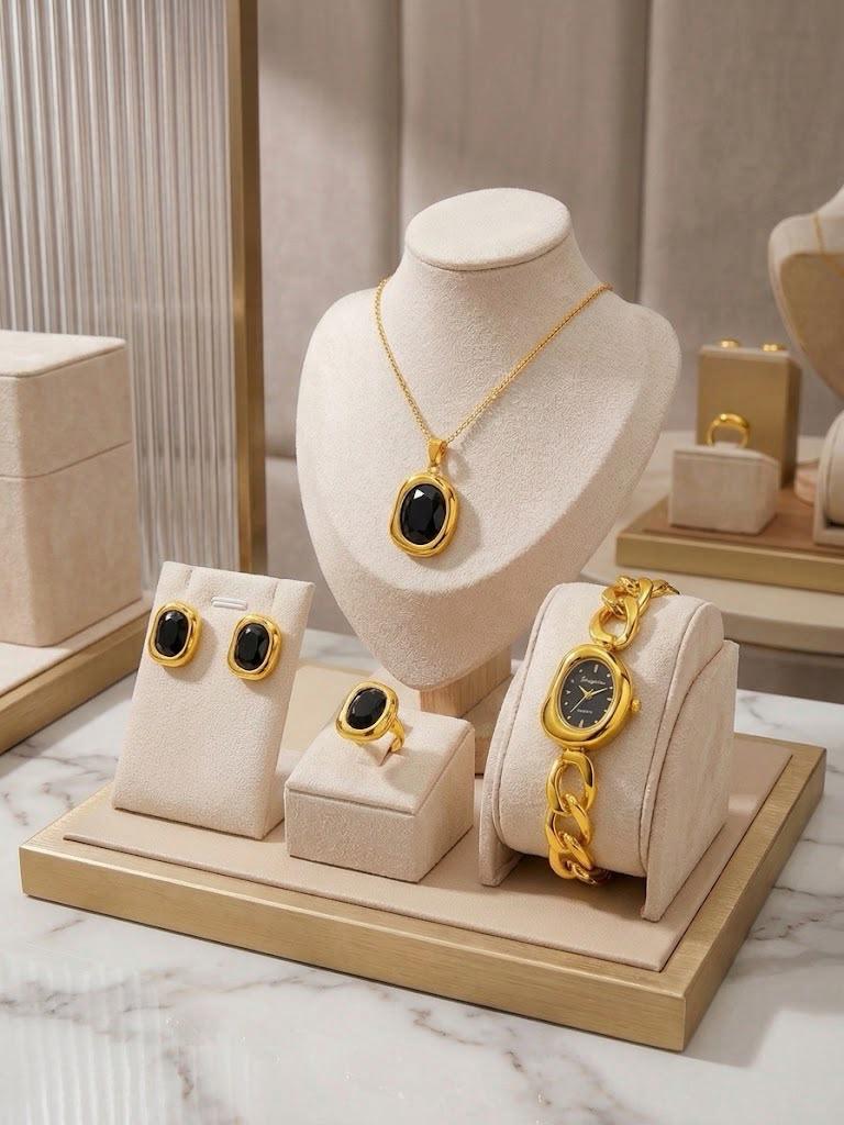 4-in-1 Crystal Jewelry Set - Black/Gold
