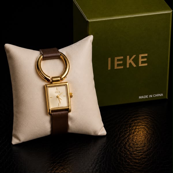 IEKE Ring-Link Watch - Gold, Brown Leather Strap, Champagne Dial
