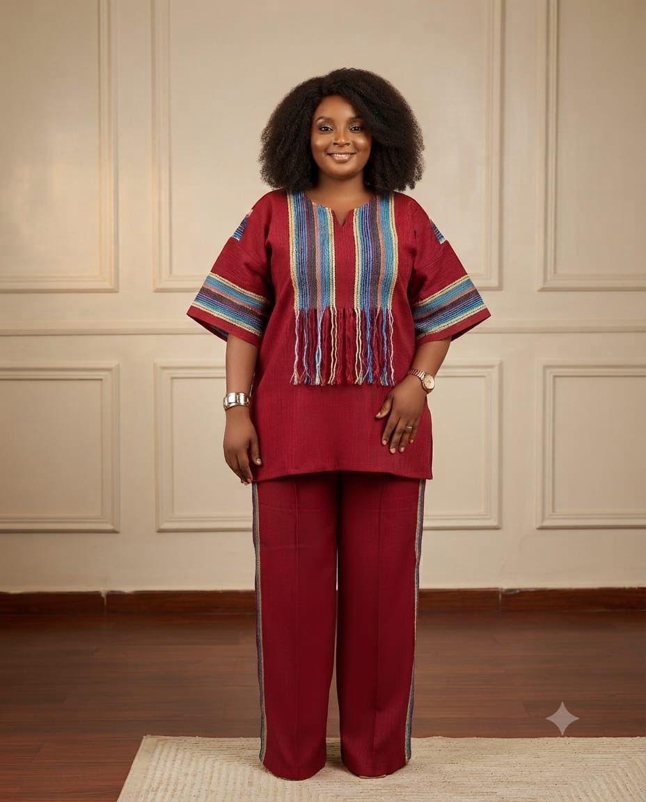 Folake Aso Oke Trouser Set | Wine