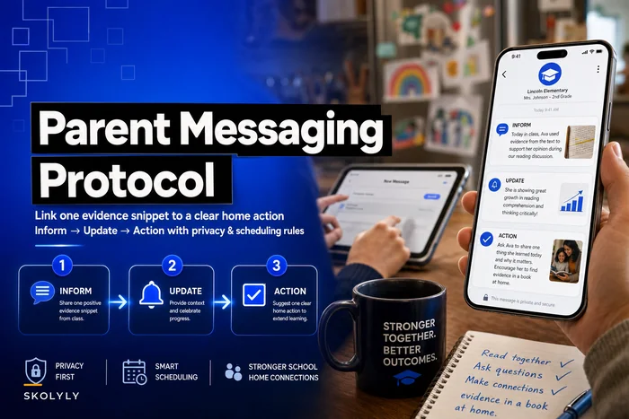 A three-message parent communication protocol that links one classroom evidence snippet to a clear home action