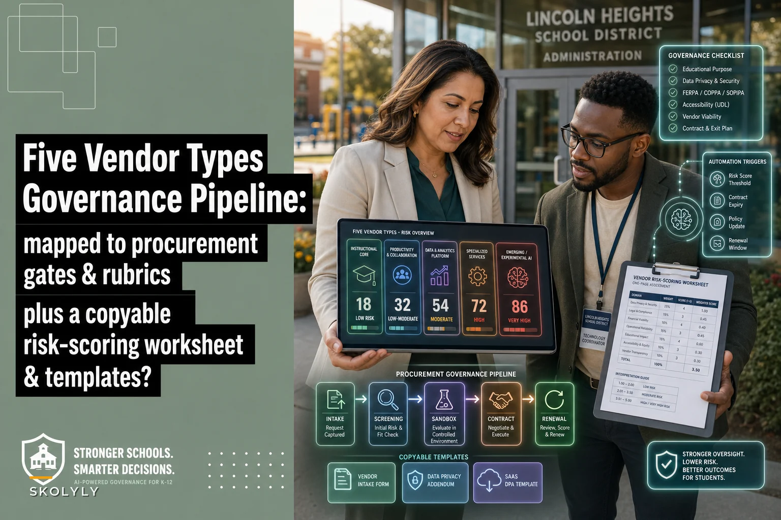 Five recommended vendor/solution types for a lightweight district edtech governance pipeline — plus a ready‑to‑use vendor‑risk scoring worksheet and small‑district templates
