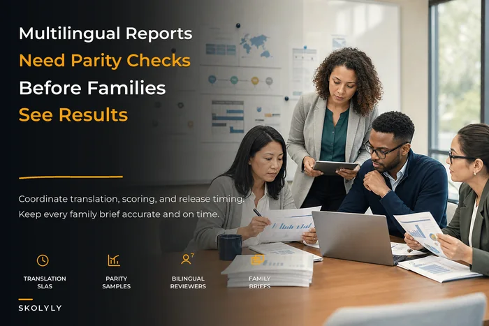 Multilingual assessment governance with scoring parity checks and bilingual briefs