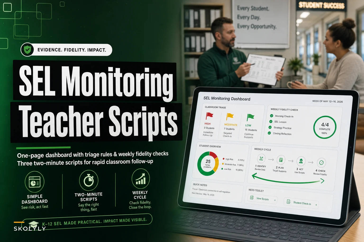 One-page SEL monitoring dashboard and two-minute teacher scripts for short-cycle interventions