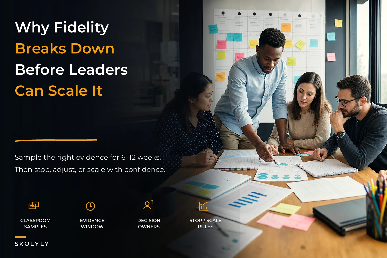 Schoolwide fidelity framework: sampling templates, 6–12 week evidence windows, and practical stop/scale rules