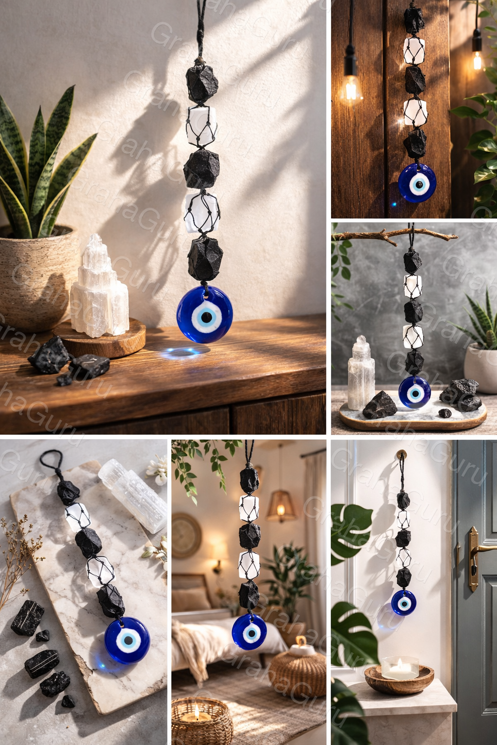Black Tourmaline & Selenite Hanger With Evil Eyes Hanger (Protection) 2
