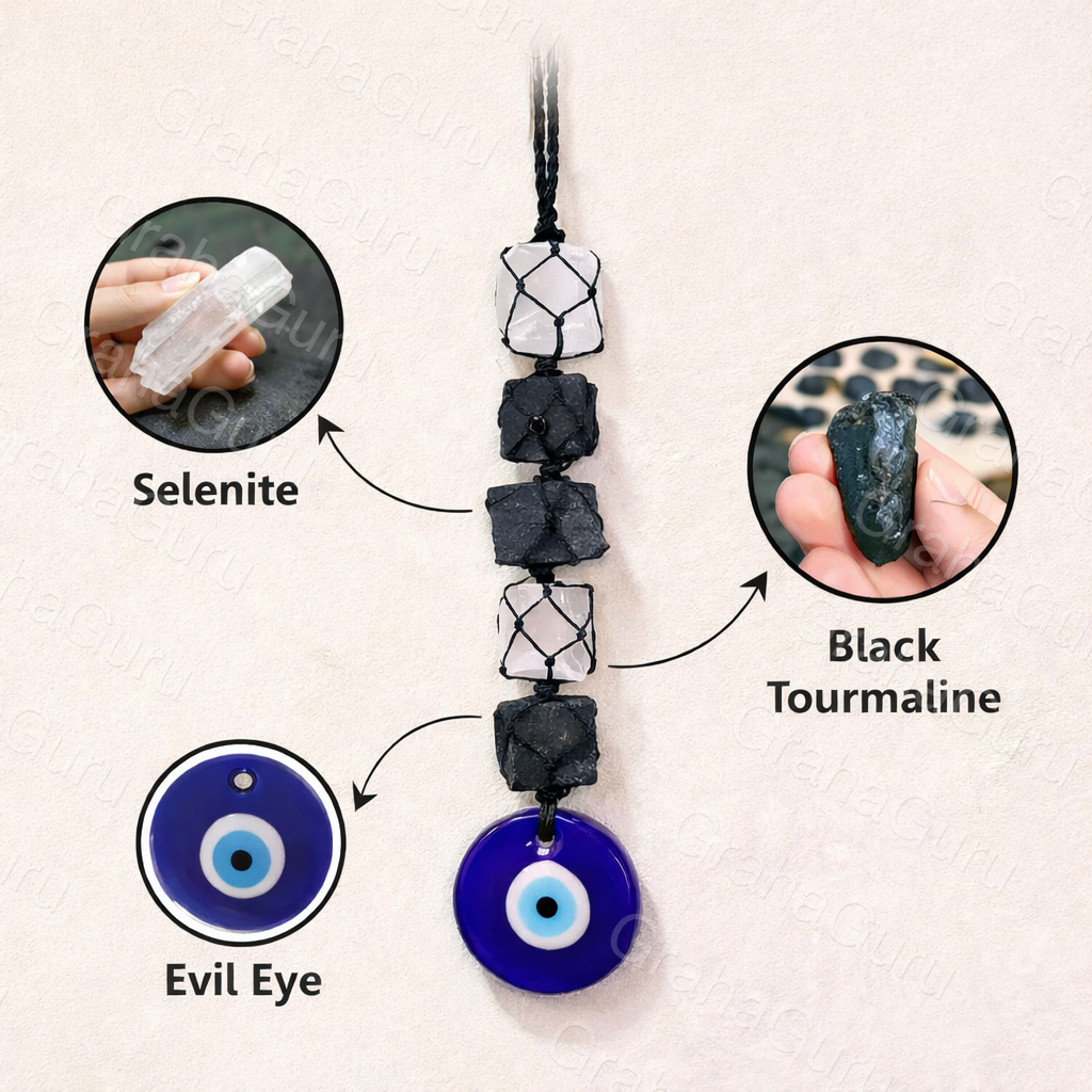 Black Tourmaline & Selenite Hanger With Evil Eyes Hanger (Protection) 3