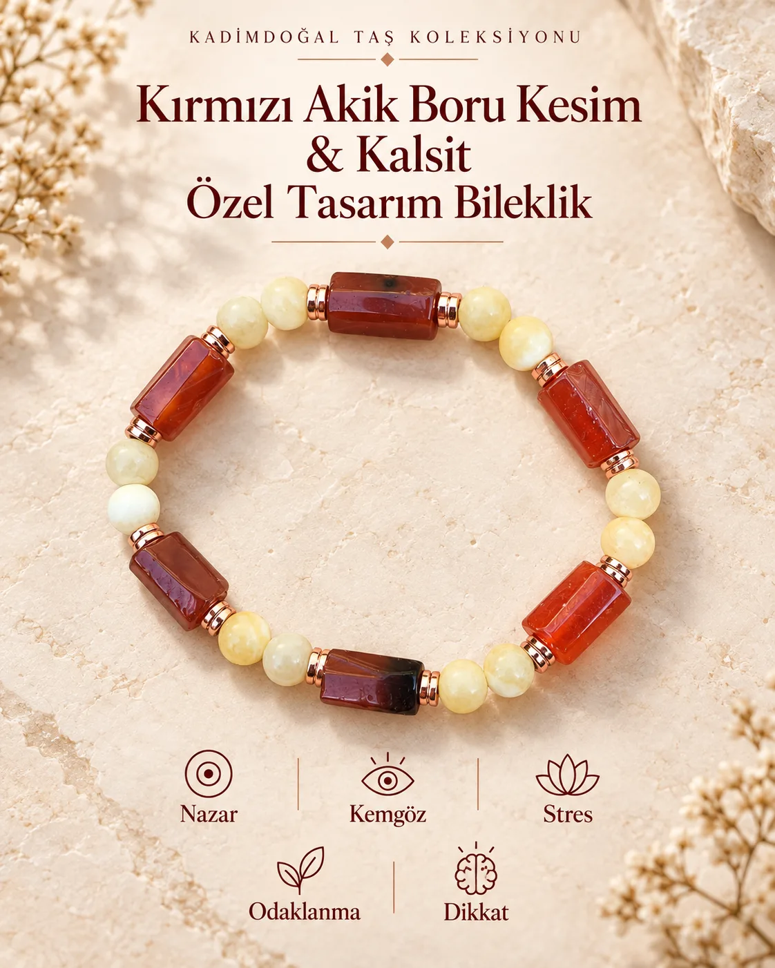 Kırmızı Akik Boru Kesim & Kalsit Sertifikalı Doğaltaş Özel Tasarım Sertifikalı Bileklik