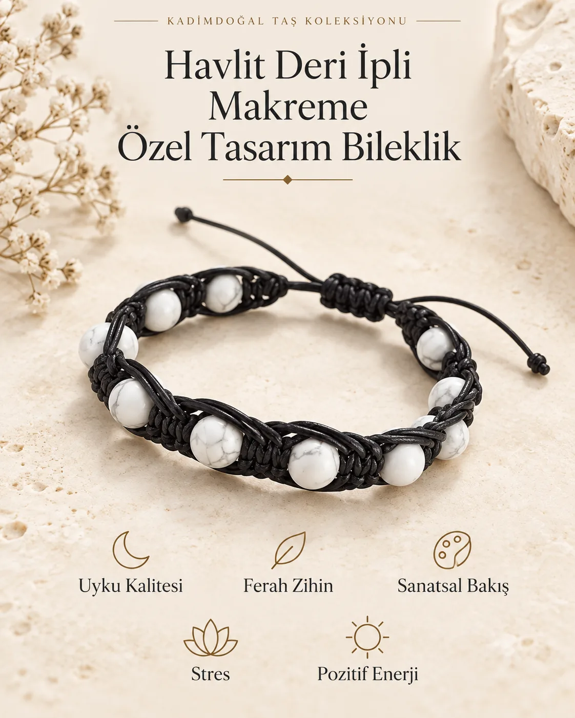 Havlit Doğaltaş Sertifikalı Deri İpli Makreme Örgü Bileklik