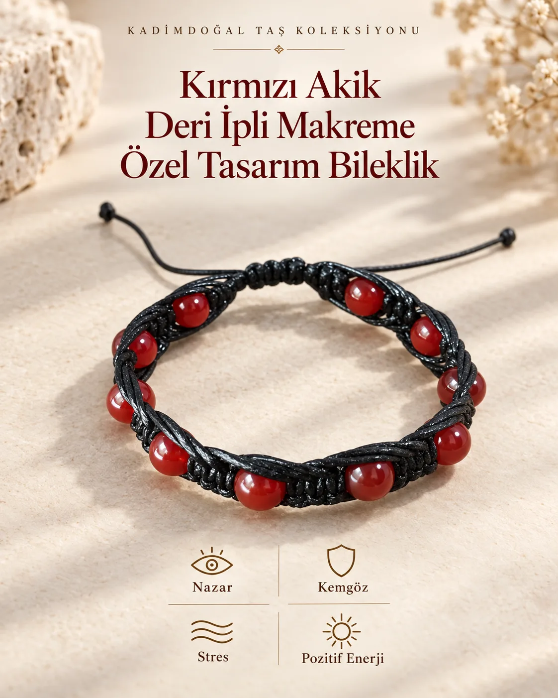 Kırmızı Akik Doğaltaş Sertifikalı Deri İpli Makreme Örgü Bileklik