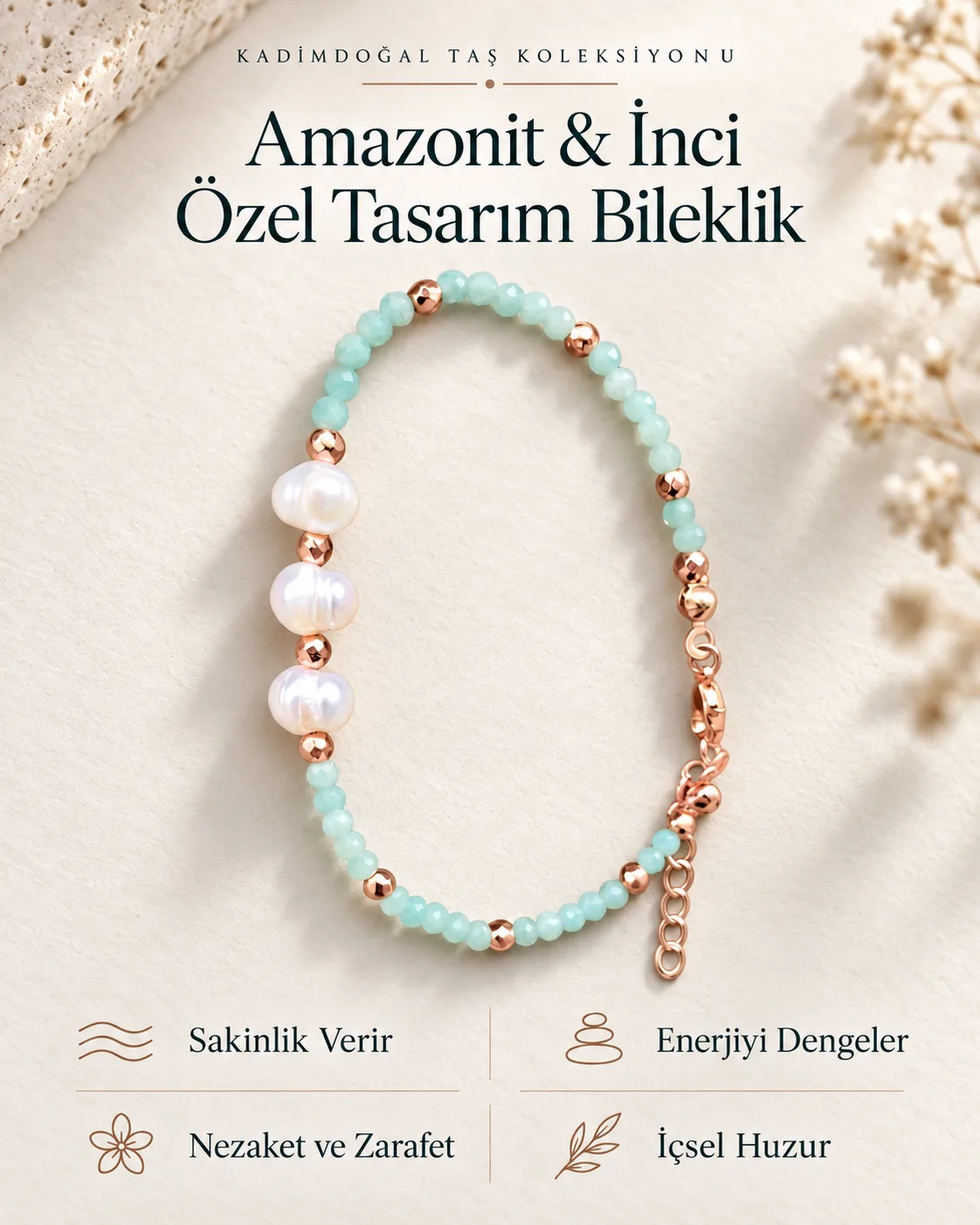 Sertifikalı Amazonit ve İnci Doğaltaş Özel Tasarım Bileklik
