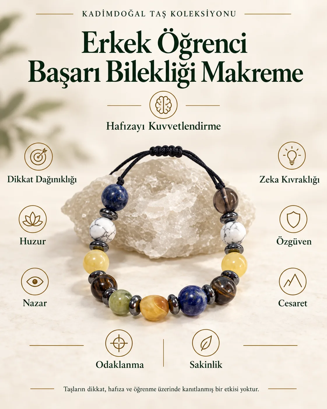 Sertifikalı Erkek Öğrenci Doğaltaş Başarı Bilekliği Makreme Örgü