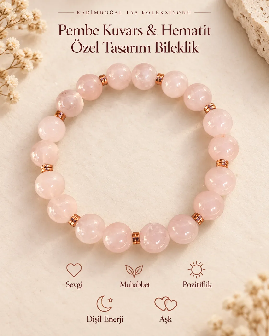Pembe Kuvars 10 mm & Hematit Doğaltaş Özel Tasarım Sertifikalı Bileklik