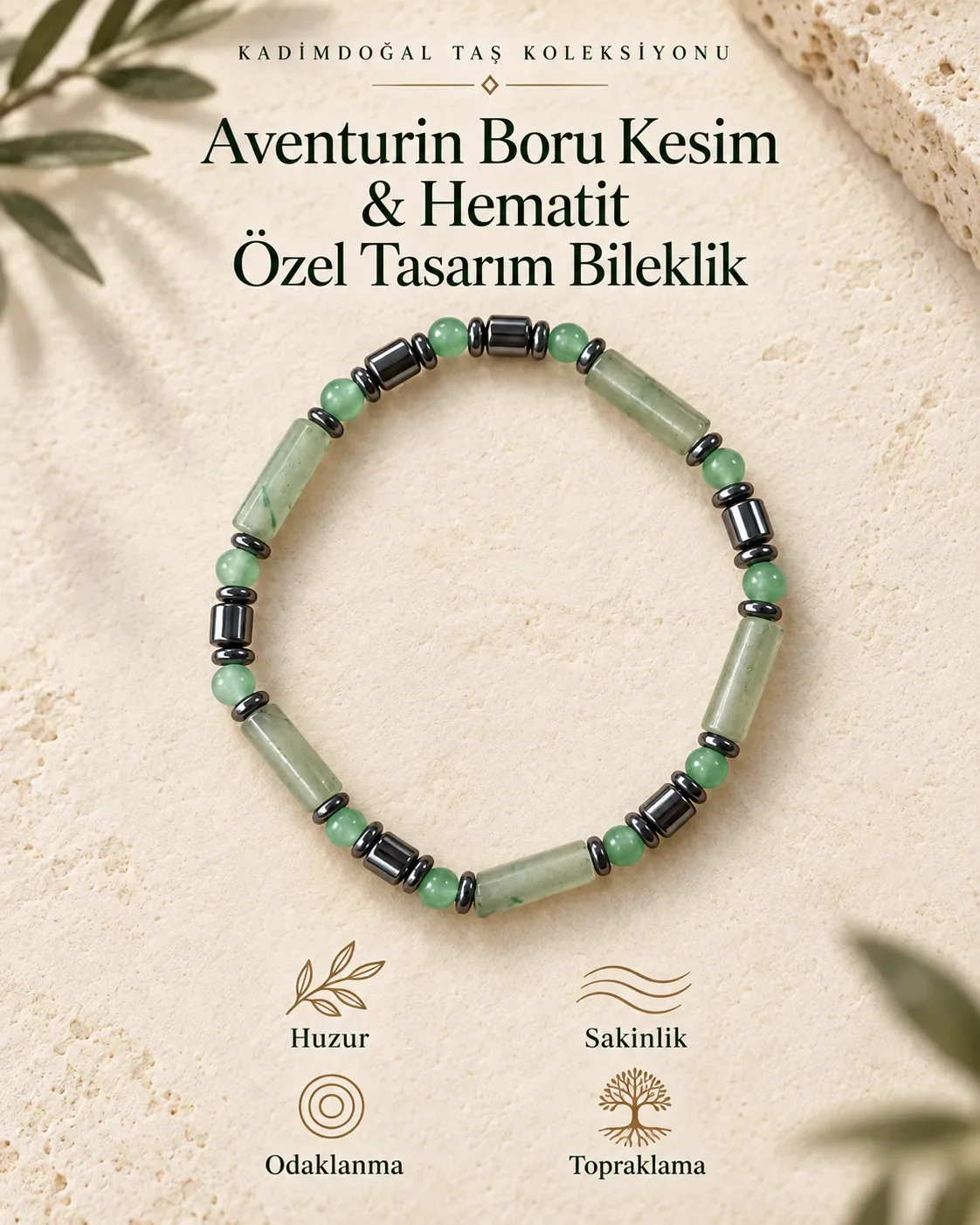 Sertifikalı Aventurin Boru Kesim ve 6 mm & Hematit Yassı Doğaltaş Bileklik