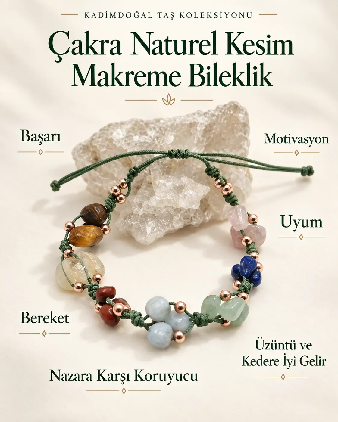 Sertifikalı Çakra Naturel Kesim Doğaltaş Makreme Örgü Bileklik