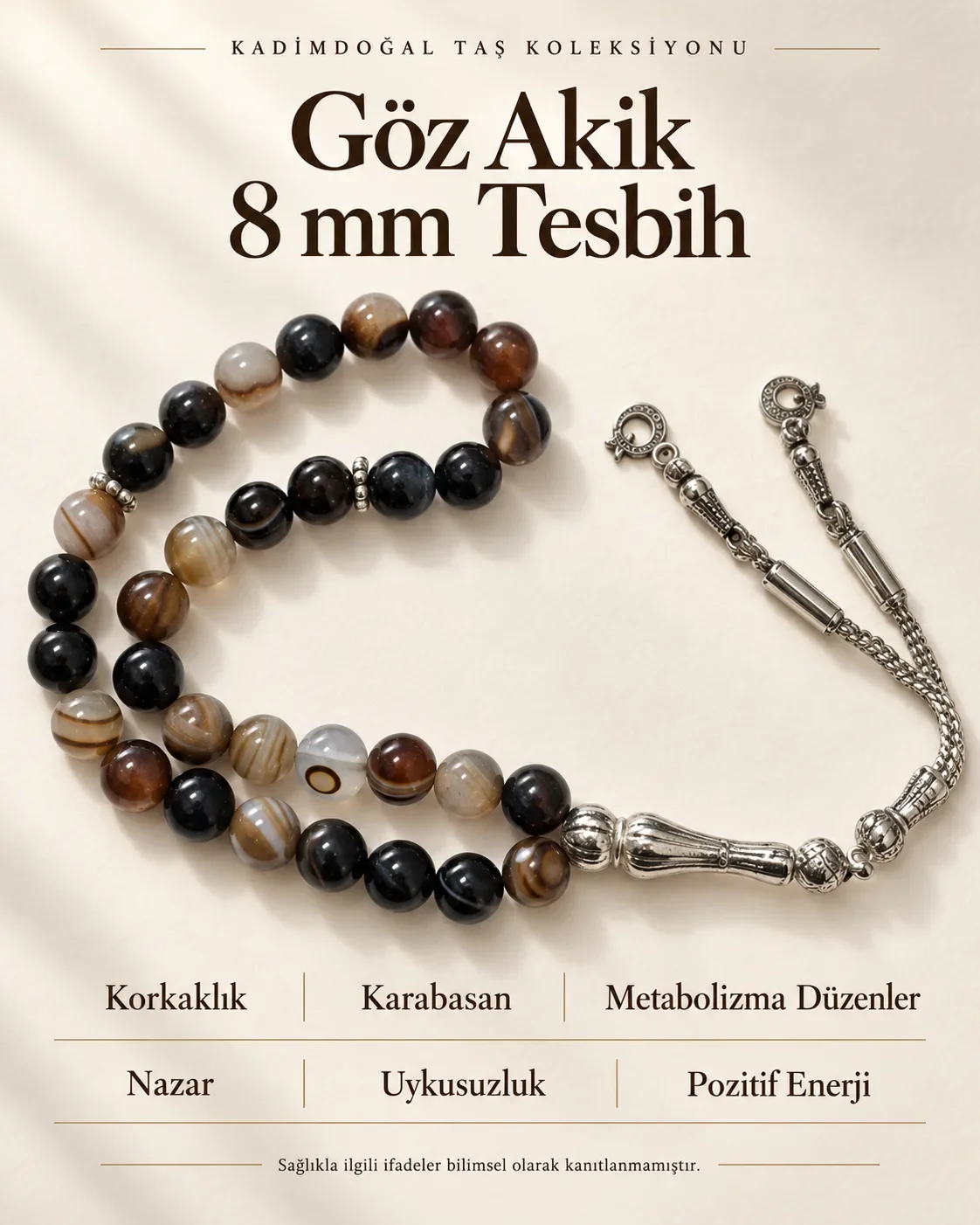 Sertifikalı Siyah Göz Akik 8 mm 33'lük Doğaltaş Tesbih