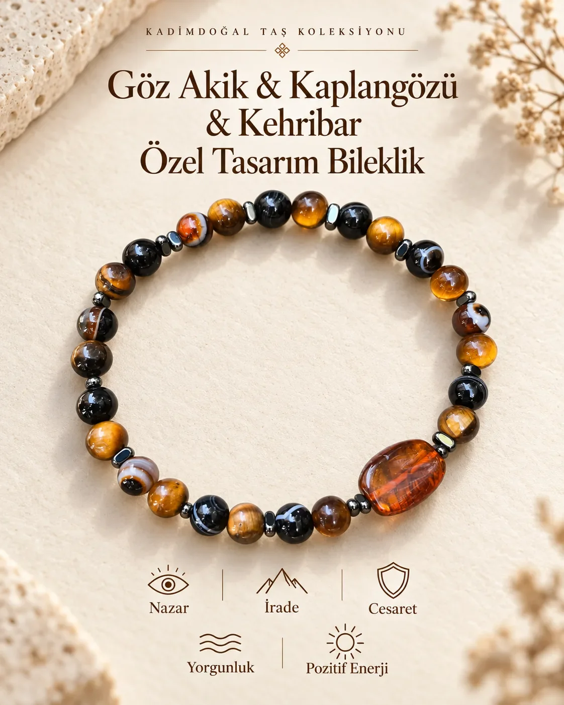 Sertifikalı Göz Akik & Kaplangözü & Kehribar Özel Tasarım Bileklik